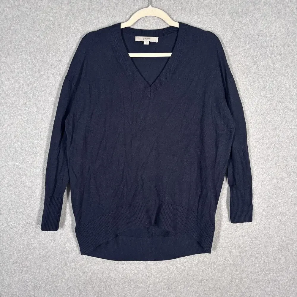 LOFT Sweater Small‎ Navy Tunic Thin Oversized Slouchy Minimalist Quiet Luxury
